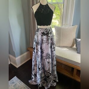 Blondie Nites Black and Gray Floral Prom Dress